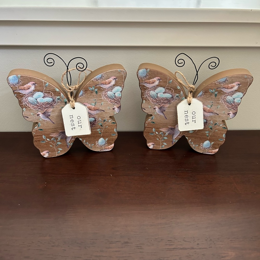 Quill to Paper Butterfly Bird & Nest Painted Design SET of 2 Wood Composite